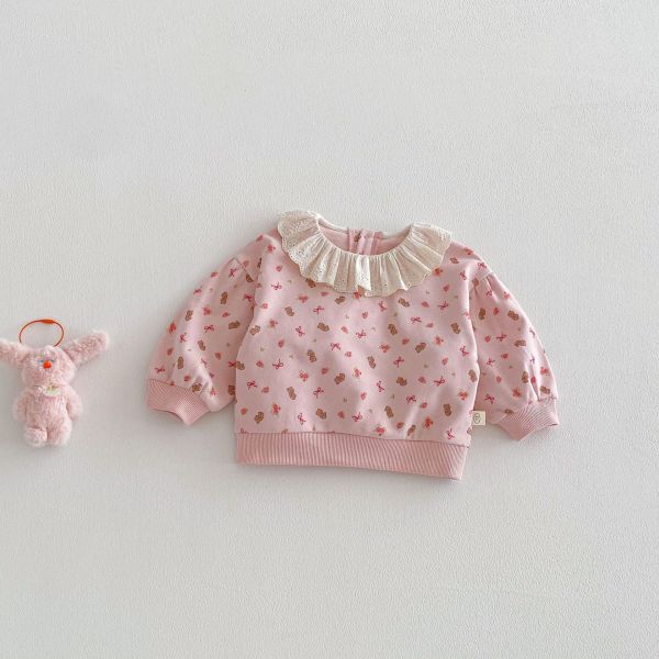 滿印碎花/小熊蕾絲花領上衣 