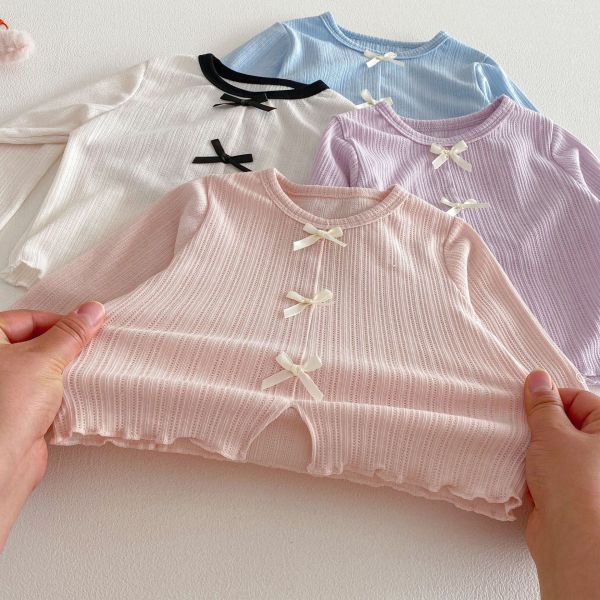 撞色蝴蝶結彈力素色上衣 