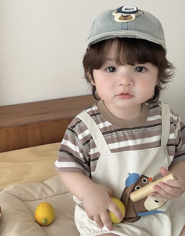 假兩件狗狗條紋吊帶包屁衣 