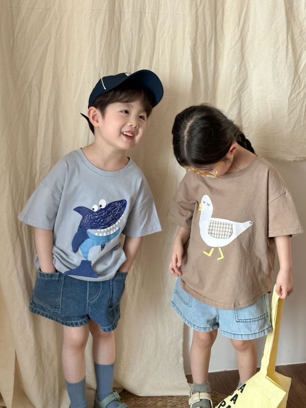 鯊魚/鴿子拼布素色上衣 