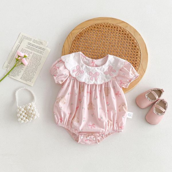 蝴蝶結花邊翻領透氣包屁衣 