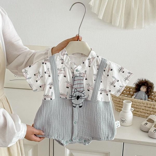 假兩件貓咪領帶吊帶包屁衣 