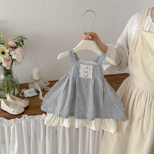 假兩件格紋蕾絲拼接背心式洋裝 