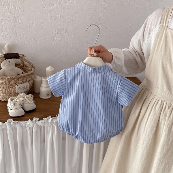 可拆式領帶-豎條紋翻領包屁衣 