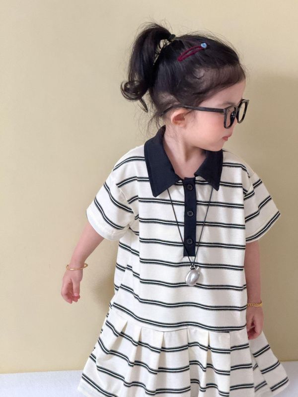 男女童經典條紋翻領套裝/洋裝 