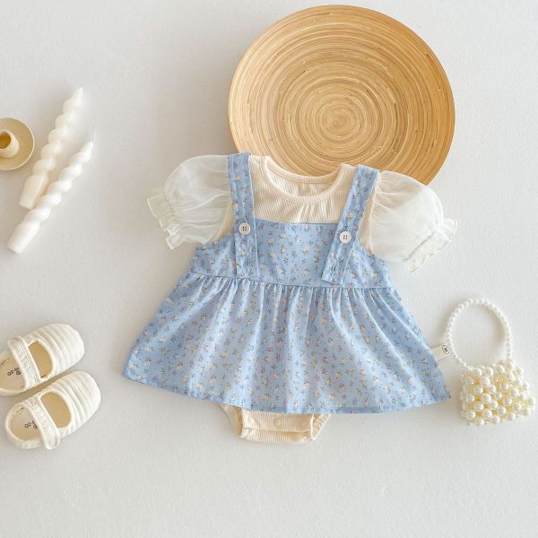 公主澎袖螺紋包屁衣+碎花吊帶裙套裝 