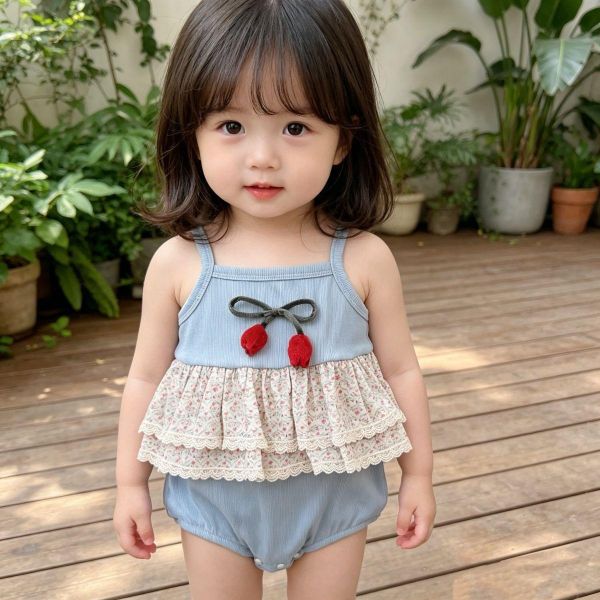 螺紋坑條鬱金香雙層蕾絲包屁衣 