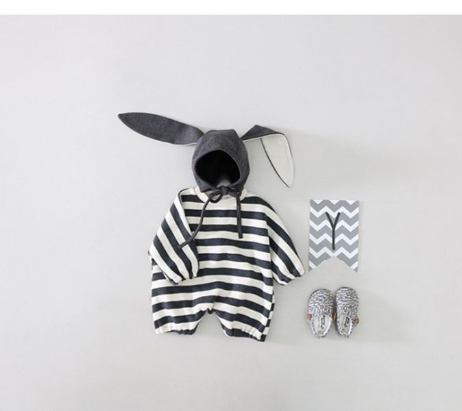 條紋寬鬆飛鼠連身裝(含帽) 