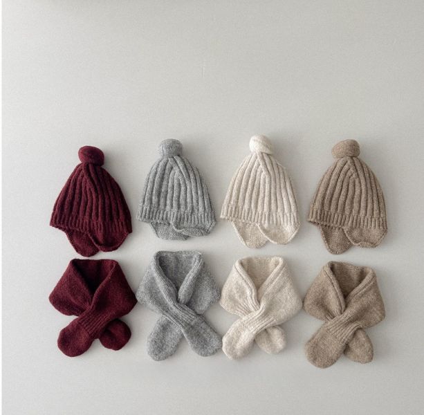 素色螺紋精靈護耳帽+圍脖 