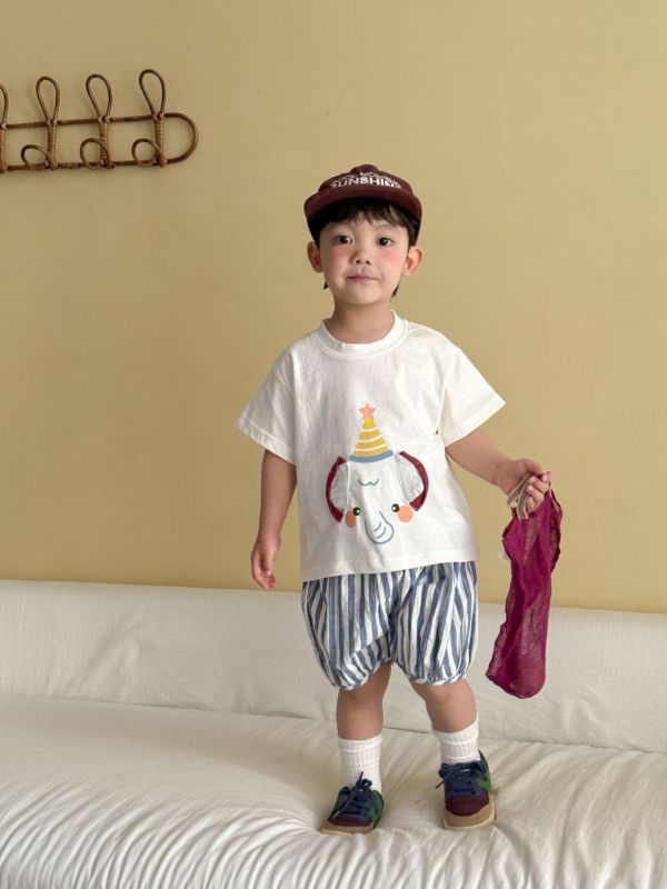 生日帽可愛大象上衣+豎條紋短褲套裝 