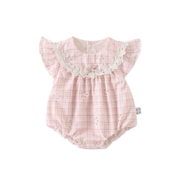 格紋蕾絲圓領飛袖包屁衣 