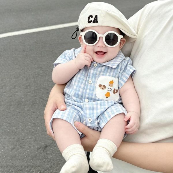 塗鴉貼布格紋翻領連身裝 