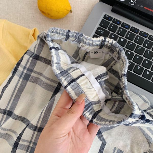 百搭復古格紋九分棉質長褲 