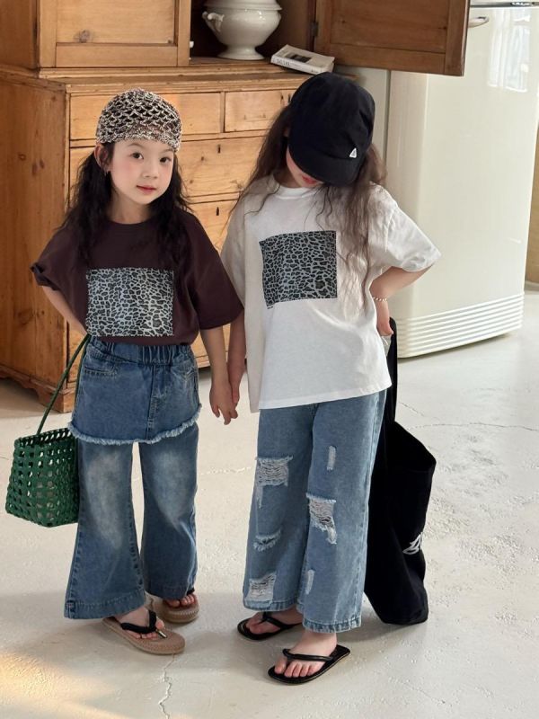 豹紋拼布素色寬鬆T恤上衣 