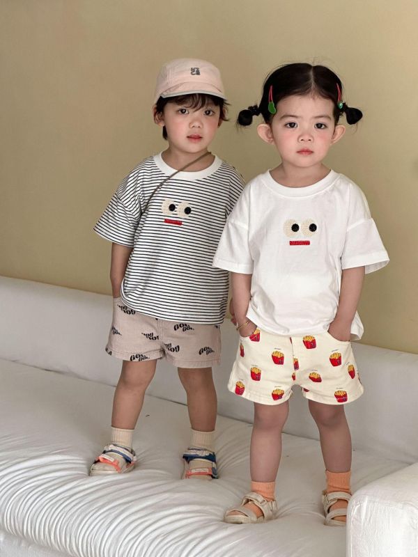 可愛表情貼布簡約素色/條紋上衣 