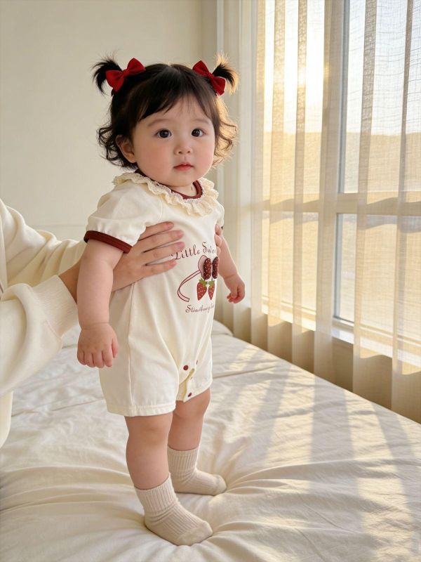 蕾絲領草莓花蝴蝶結連身裝 