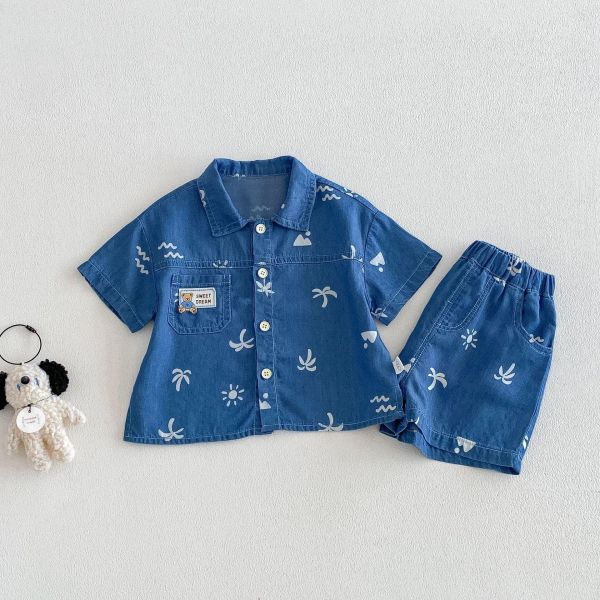 椰子樹印花牛仔兩件式套裝 