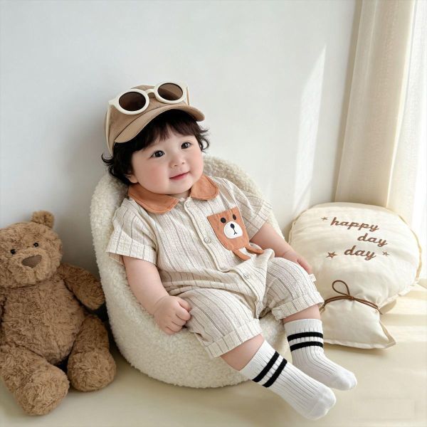 翻領小熊口袋豎條紋連身裝(含包) 