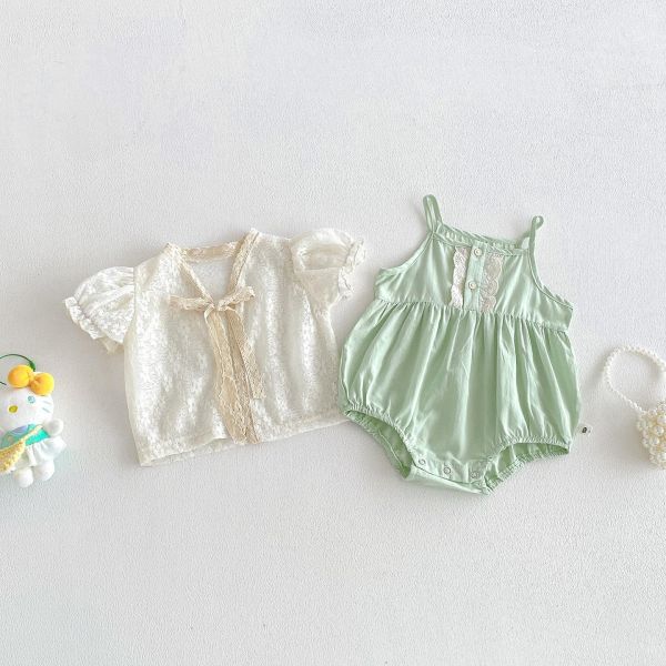 兩件套-泡袖蕾絲外套+細肩包屁衣 