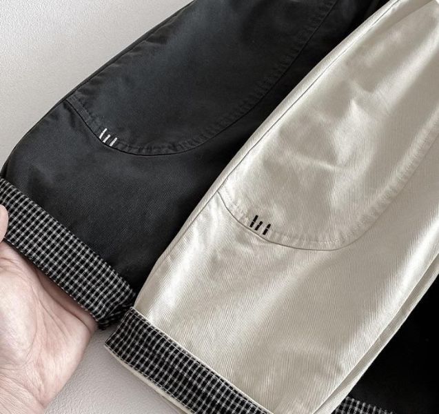 造型反摺格紋素色休閒長褲 