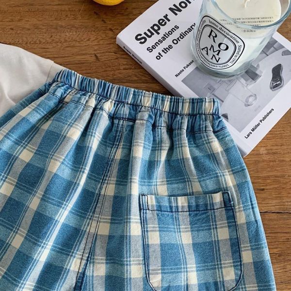 復古古著格紋五分短褲 