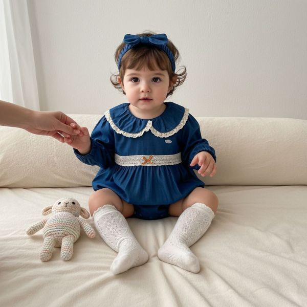 娃娃領蕾絲牛仔包屁衣(含髮帶) 