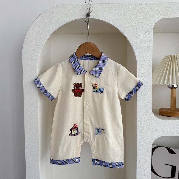 格紋翻領小熊刺繡開釦連身裝 