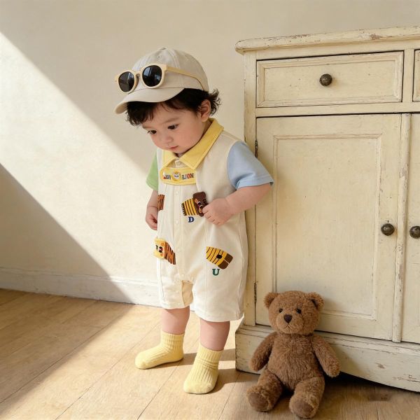 撞色翻領拼袖娃娃小獅子連身裝 