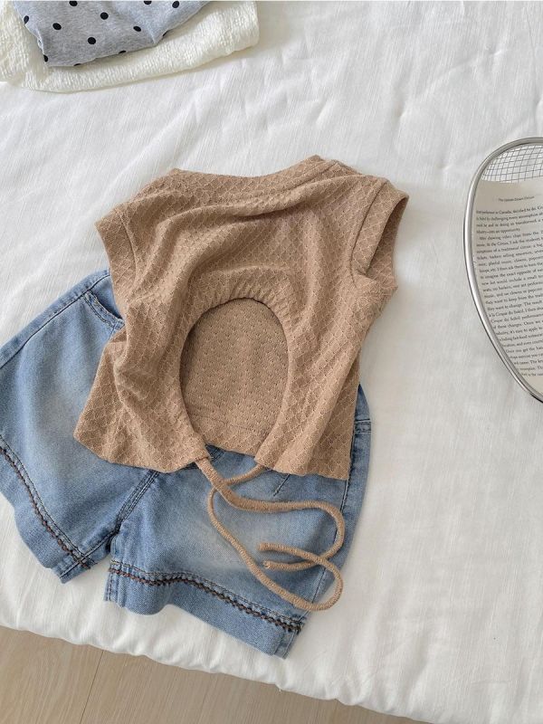 微露背綁繩透膚素色背心 