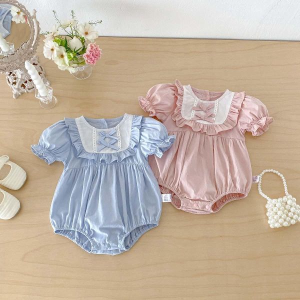 方領荷葉蝴蝶結澎袖包屁衣 