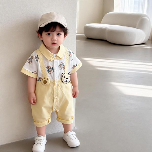 假兩件翻領小熊吊帶連身裝 