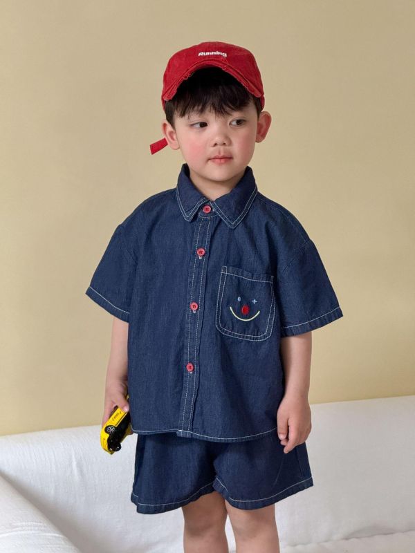 男女童笑臉牛仔襯衫布套裝/洋裝 