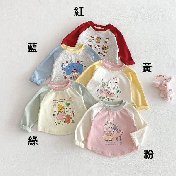 撞色拚袖可愛印花春秋上衣 