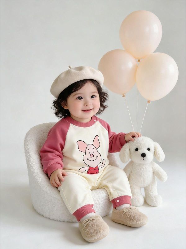 撞色拚袖粉紅小豬連身裝 