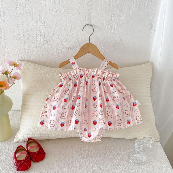 可愛蝴蝶結兔子印花背帶包屁裙 