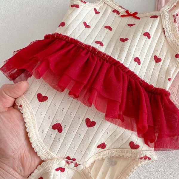 螺紋愛心/蝴蝶結網紗拼接包屁衣 