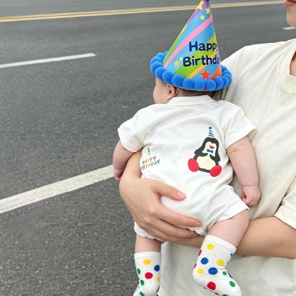 簡約口袋字母生日企鵝連身裝 