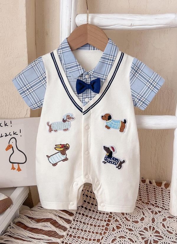 學院風狗狗刺繡假兩件領結連身裝 