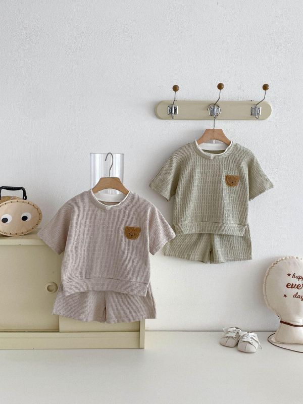 假兩件小熊華夫格上衣+短褲套裝 