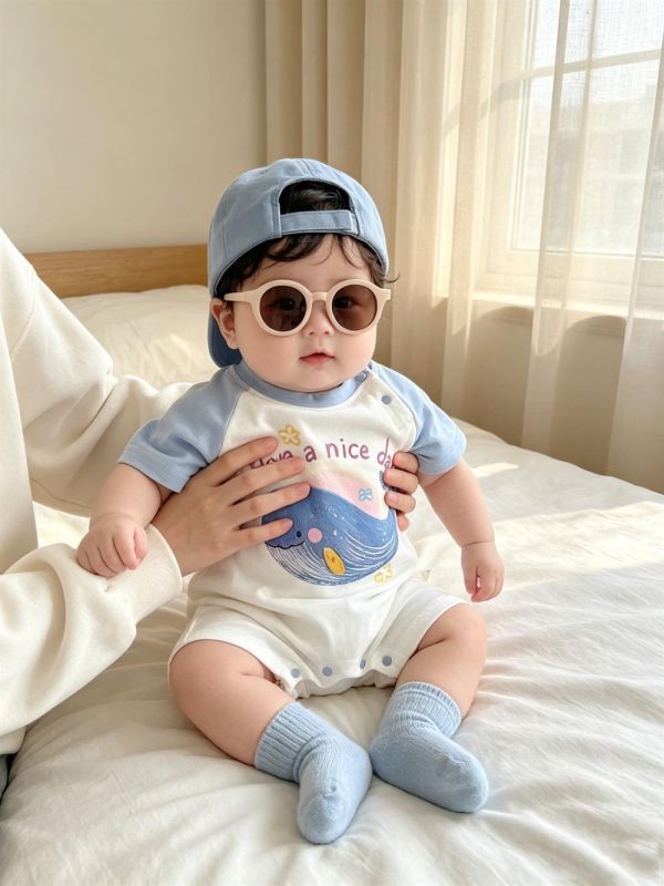 海洋鯨魚印花拼袖連身裝 