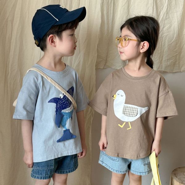 鯊魚/鴿子拼布素色上衣 