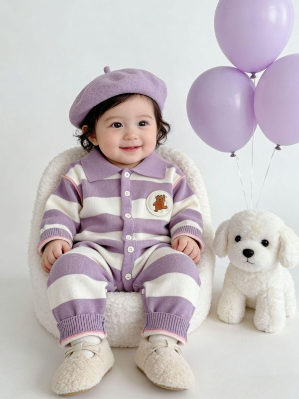 小熊圓標翻領條紋連身裝(3色) 