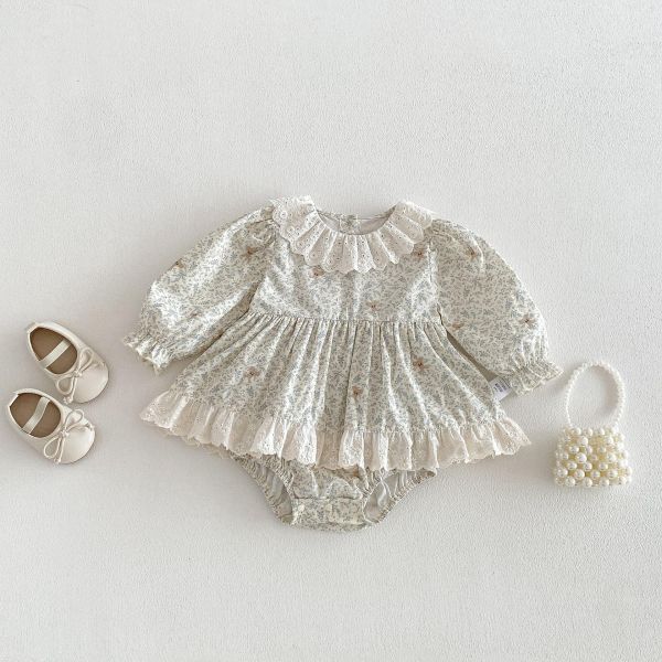 蕾絲領田園碎花包屁裙 