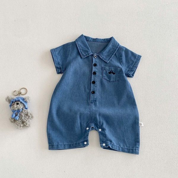 翻領小汽車刺繡牛仔連身裝 