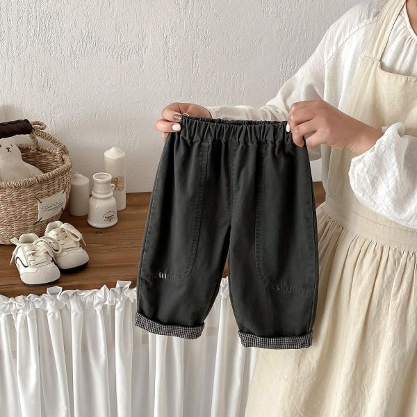 造型反摺格紋素色休閒長褲 