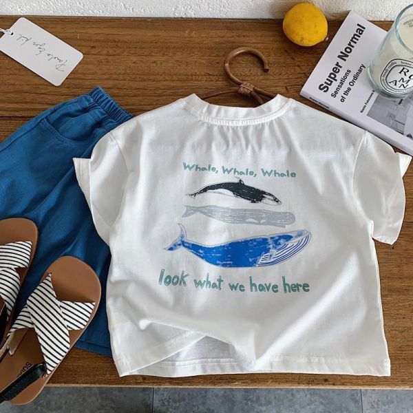 海洋動物鯨魚印花素色上衣 