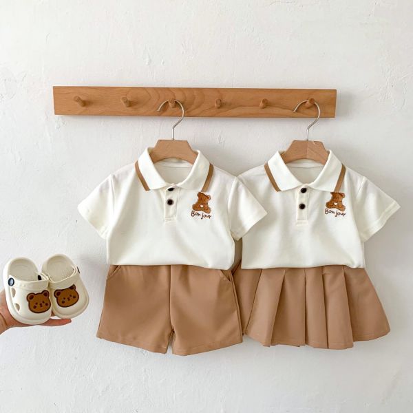 男女童小熊polo上衣+短褲/百褶裙 