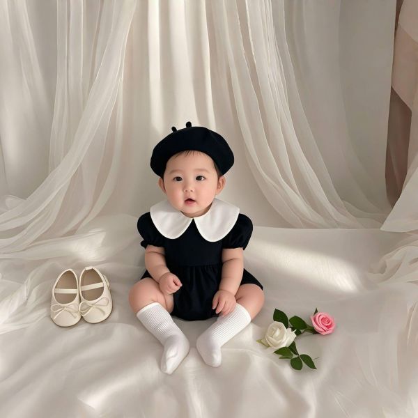 赫本風娃娃領撞色包屁衣 