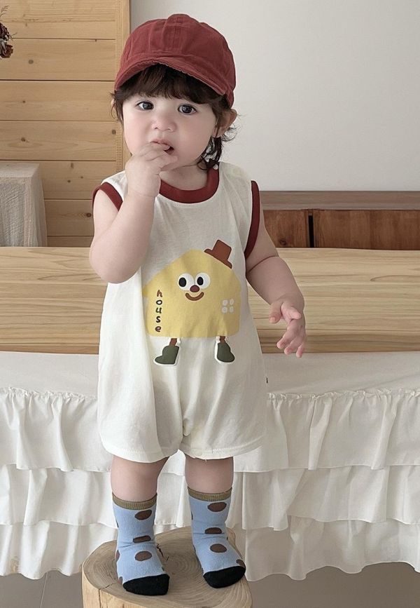 可愛餅乾印花拼色無袖背心連身裝 