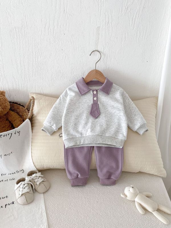 撞色學院風翻領上衣+休閒褲套裝 